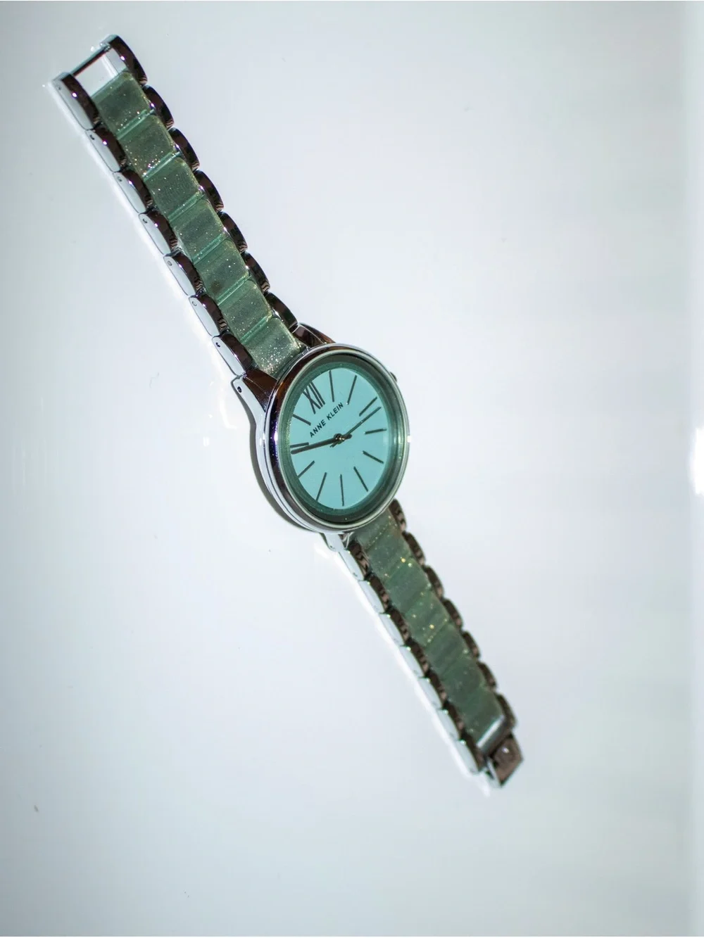 Anne Klein AK/1413 Aqua Blue Glitter Silver-Tone Bracelet Watch